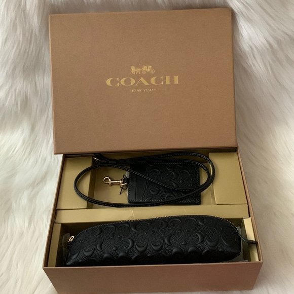 COACH Signature Leather Pencil Case & ID Lanyard Case Set in Black/Gold - Picture 1 of 7
